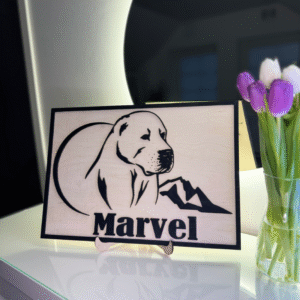 Laser cut image of the dog. Laser cut dog frame.