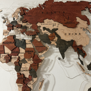 Laser-cut wooden world map wall art