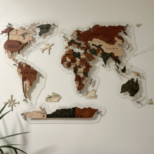 Laser-cut wooden world map wall art