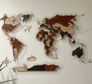 Laser-cut wooden world map wall art